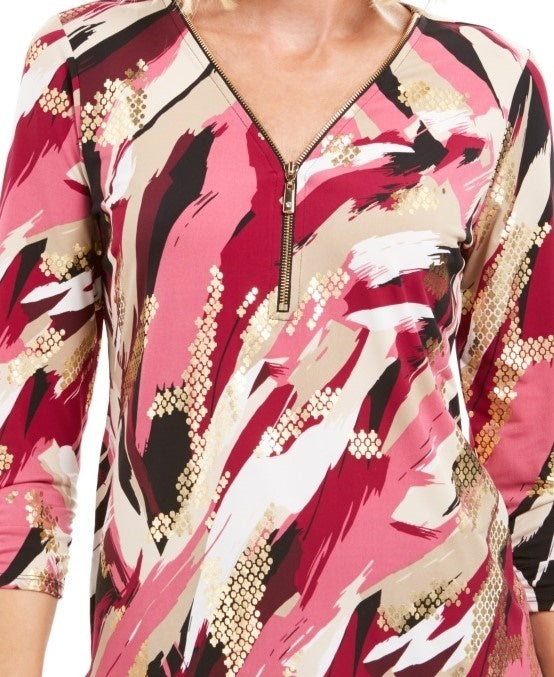 JM Collection Women's Zip Print Top Purple Size Small