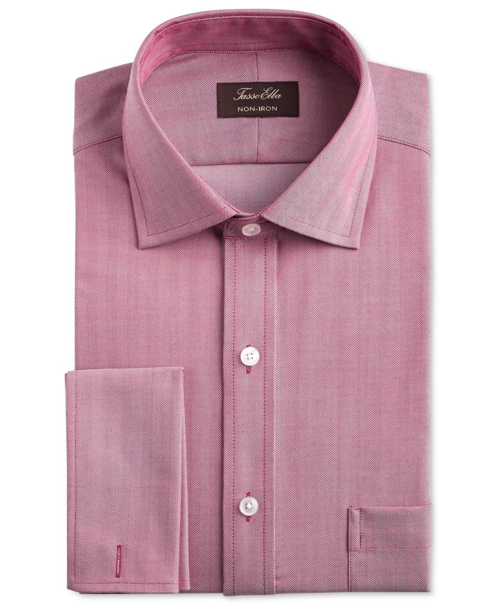 Tasso Elba Men's Classic/Regular-Fit Non-Iron Supima Cotton Herringbone Solid French Cuff Dress Shirt Red Size 34-35