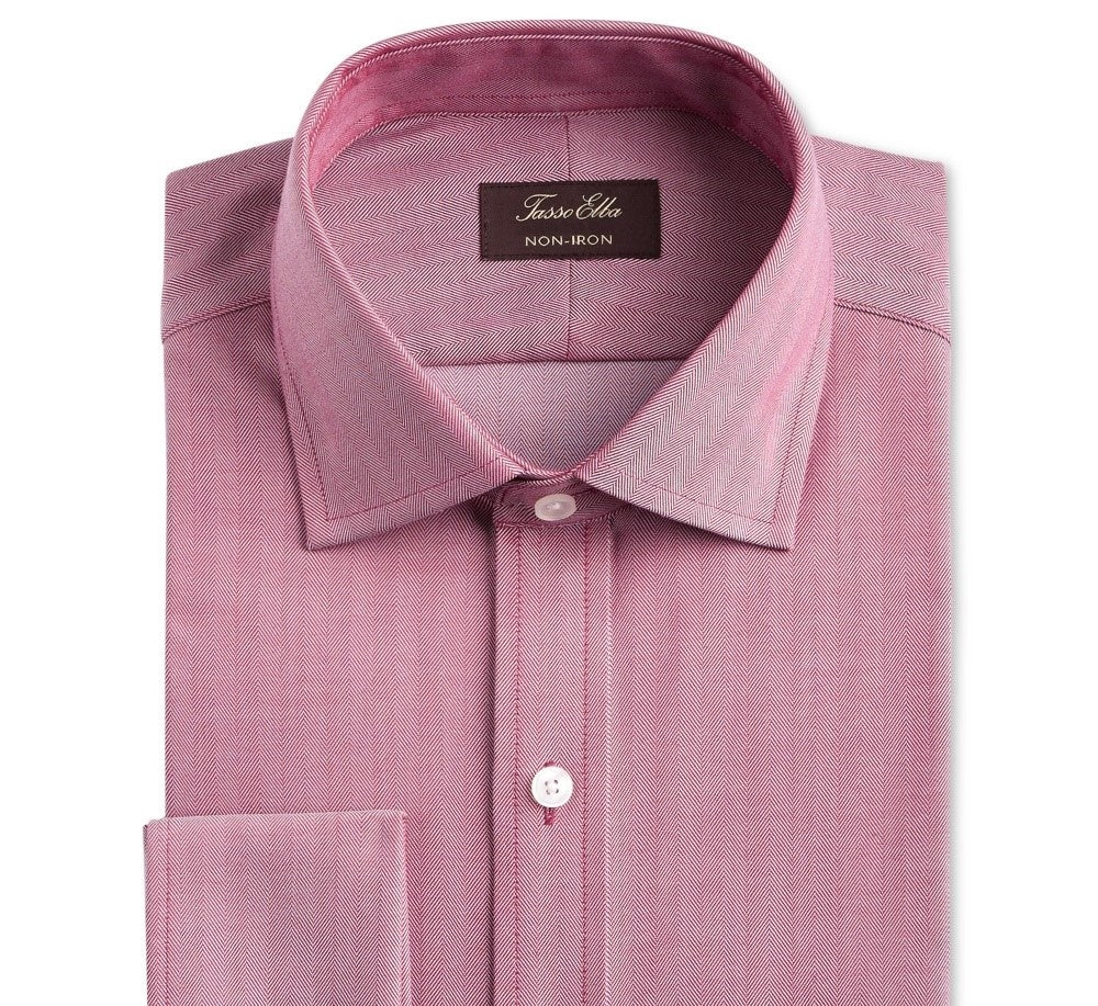 Tasso Elba Men's Classic/Regular-Fit Non-Iron Supima Cotton Herringbone Solid French Cuff Dress Shirt Red Size 34-35