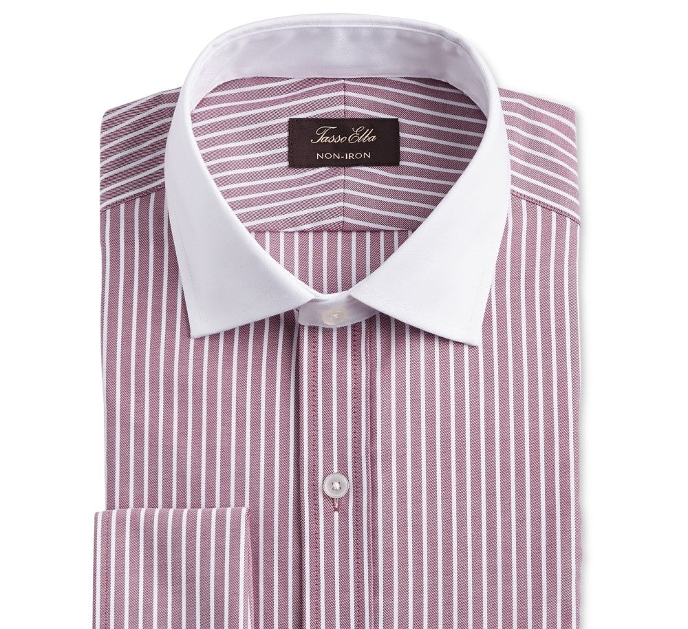 Tasso Elba Men's Classic/Regular Fit Non-Iron Supima Cotton Twill Bar Stripe French Cuff Dress Shirt Red Size 34-35