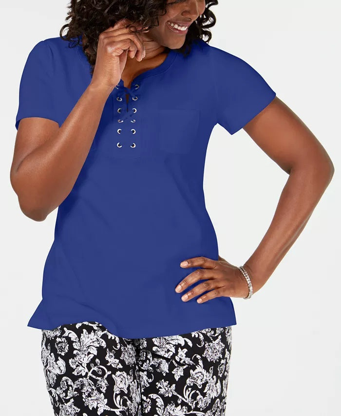 Karen Scott Women's Cotton Lace Up Neck Top Blue Size Medium