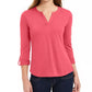 Charter Club Women's Supima Cotton Split-Neck Top Pink Size Extra Large