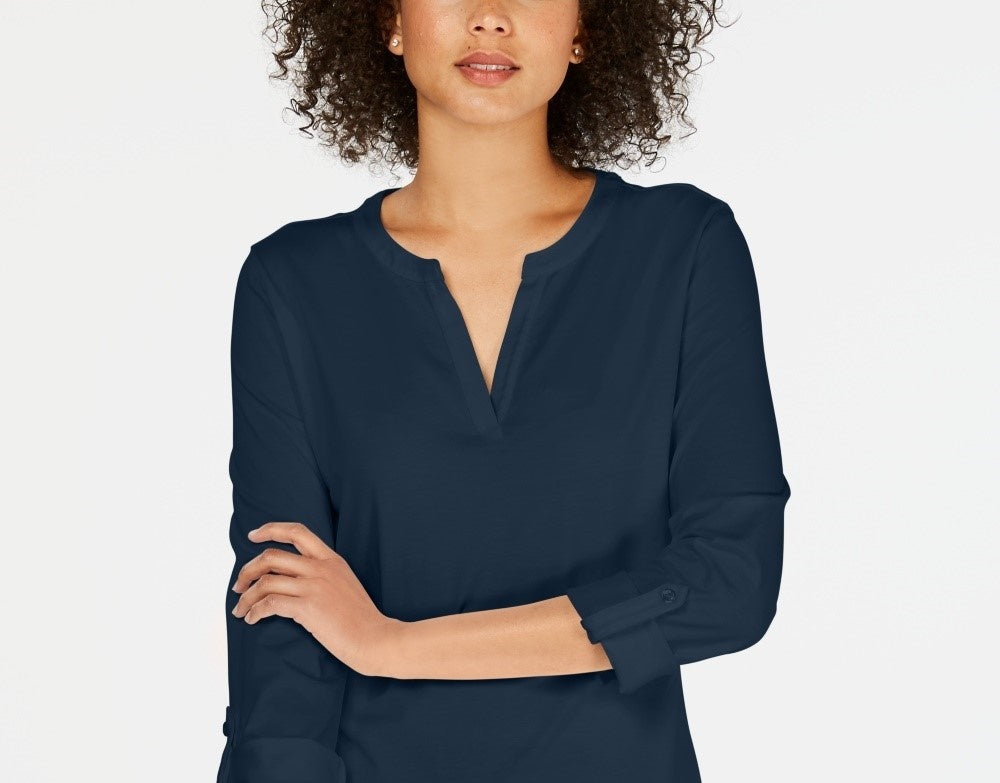 Charter Club Women's Petite Supima Cotton Split-Neck Top Blue Size 44