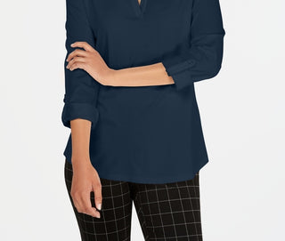 Charter Club Women's Petite Supima Cotton Split-Neck Top Blue Size 44