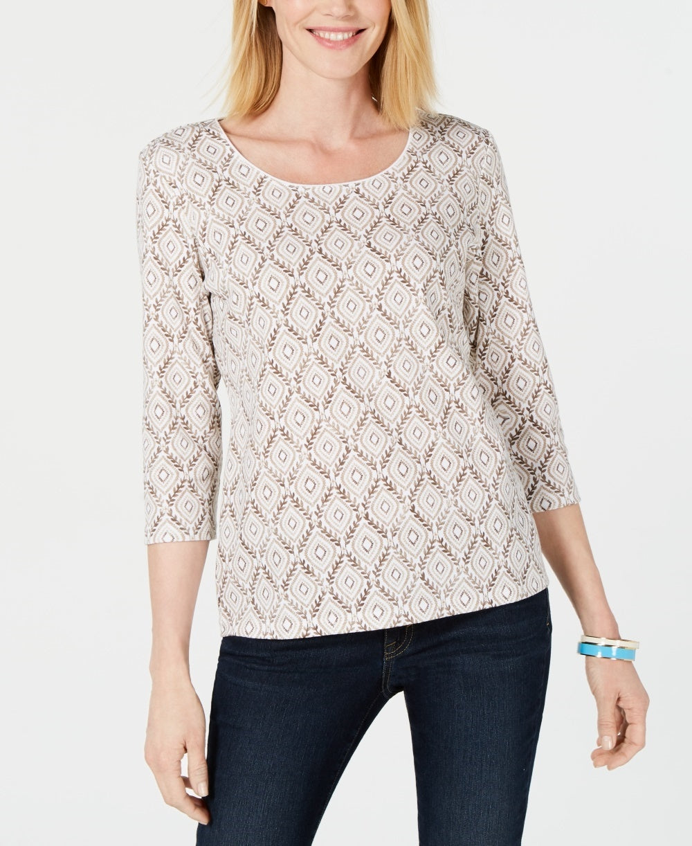 Karen Scott Women's Vine-Print 3/4-Sleeve Top Beige Size Large