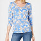 Karen Scott Women's Floral Print V Neck Top Blue Size Small