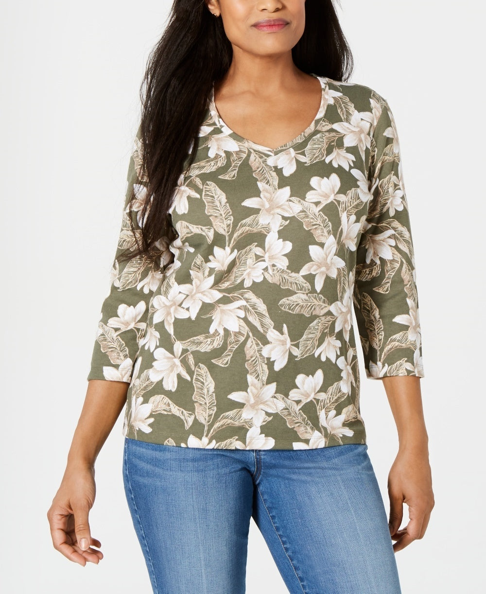 Karen Scott Women's Floral Print V Neck Top Green Size Small