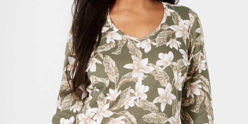Karen Scott Women's Floral Print V Neck Top Green Size Small