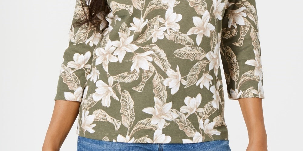 Karen Scott Women's Floral Print V Neck Top Green Size Small