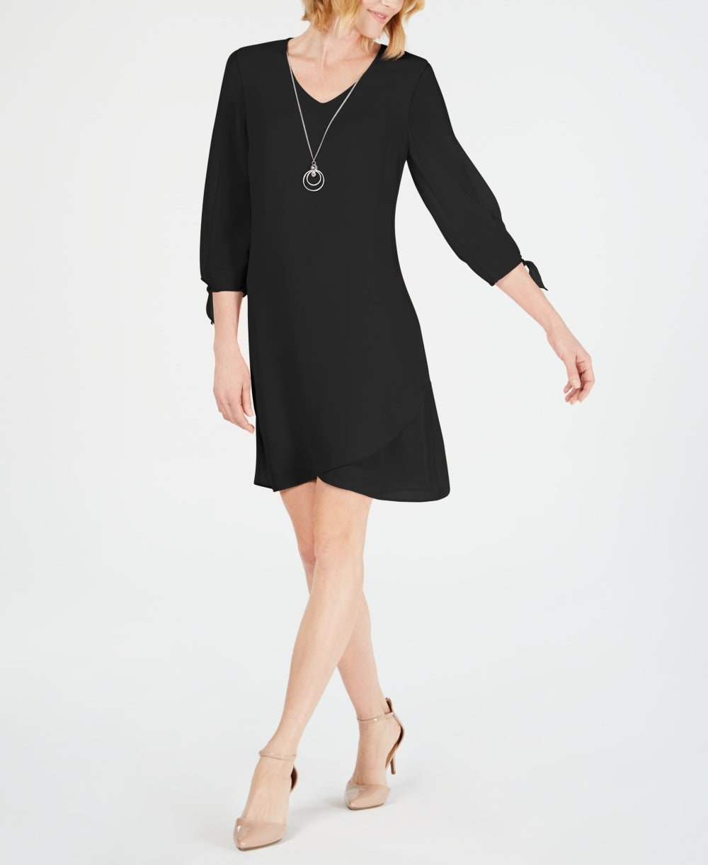 JM Collection Women's Tie Sleeve Necklace Dress  Black Size Petite Large