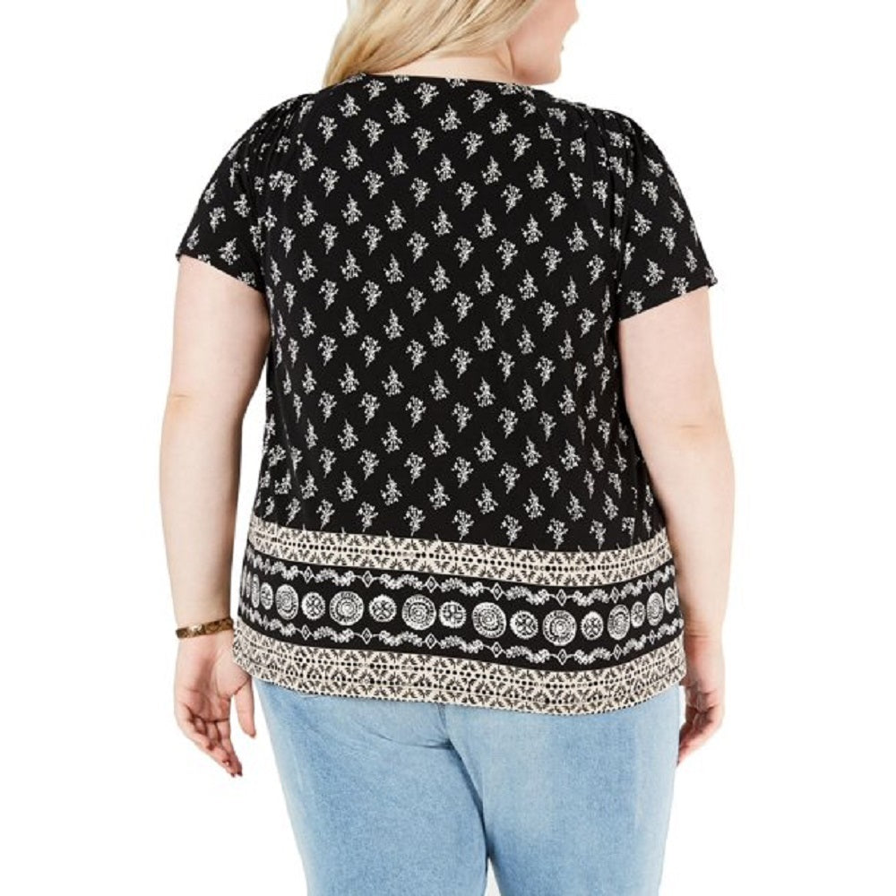 Style & Co Women's Plus Size Print Pleated-Neck Top Black 0X
