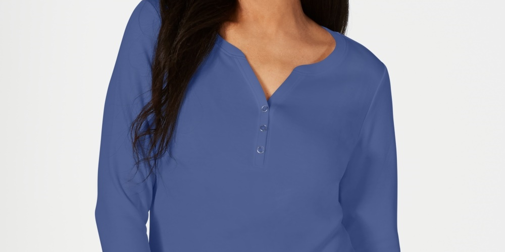 Karen Scott Women's Petite Cotton Henley Shirt  Blue Size Petite Large