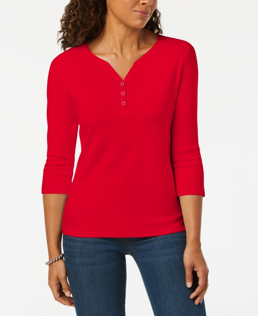 Karen Scott Women's Cotton Henley Shirt Red Size Petite Small