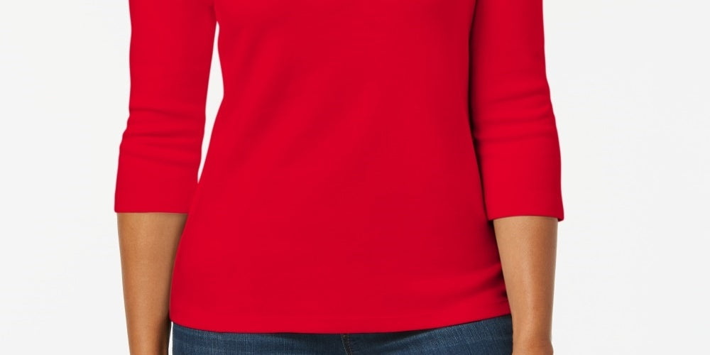 Karen Scott Women's Cotton Henley Shirt Red Size Petite Small