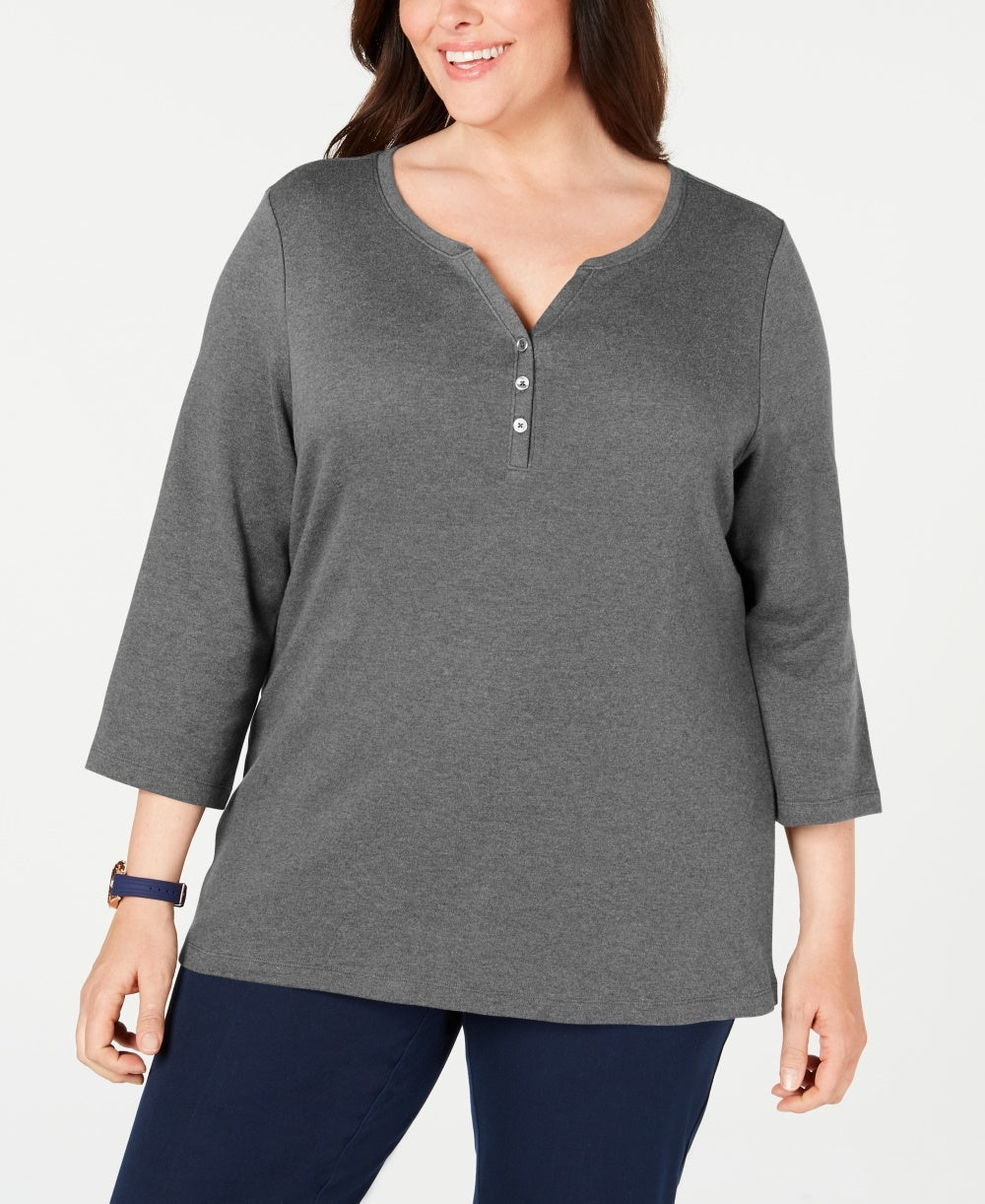 Karen Scott Women's Plus Size Cotton Split-Neck Top Charcoal Size 0X