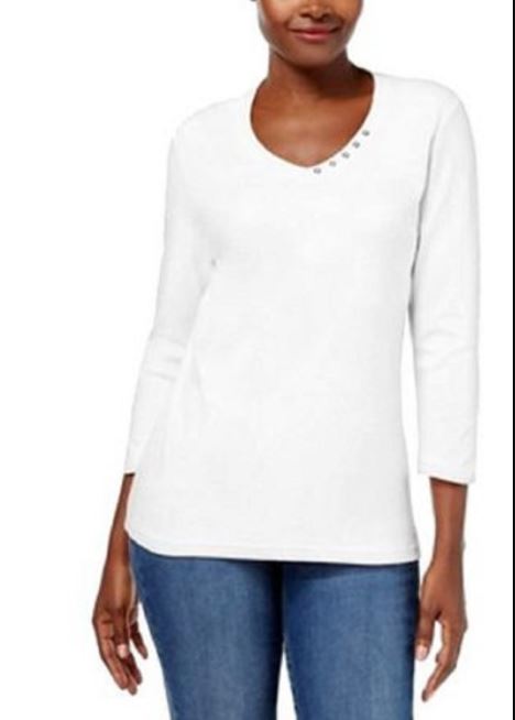 Karen Scott Women's Cotton V Neck Button Trim Top White Size Small