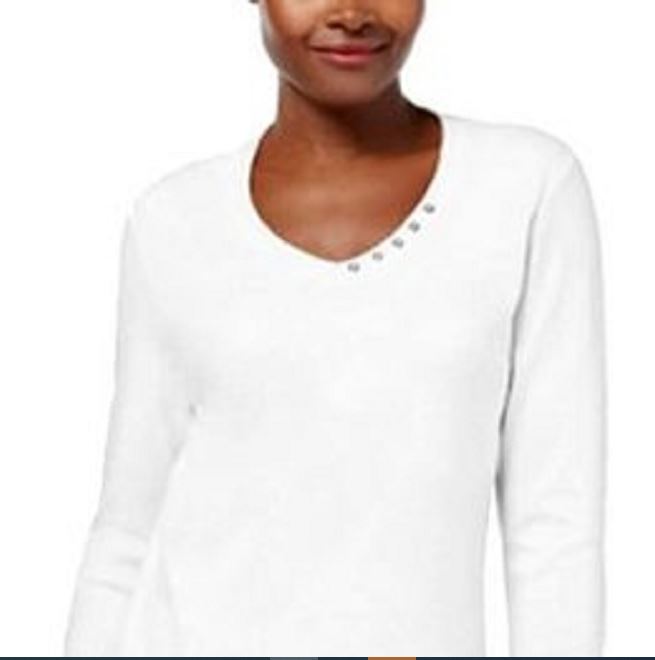 Karen Scott Women's Cotton V Neck Button Trim Top White Size Small