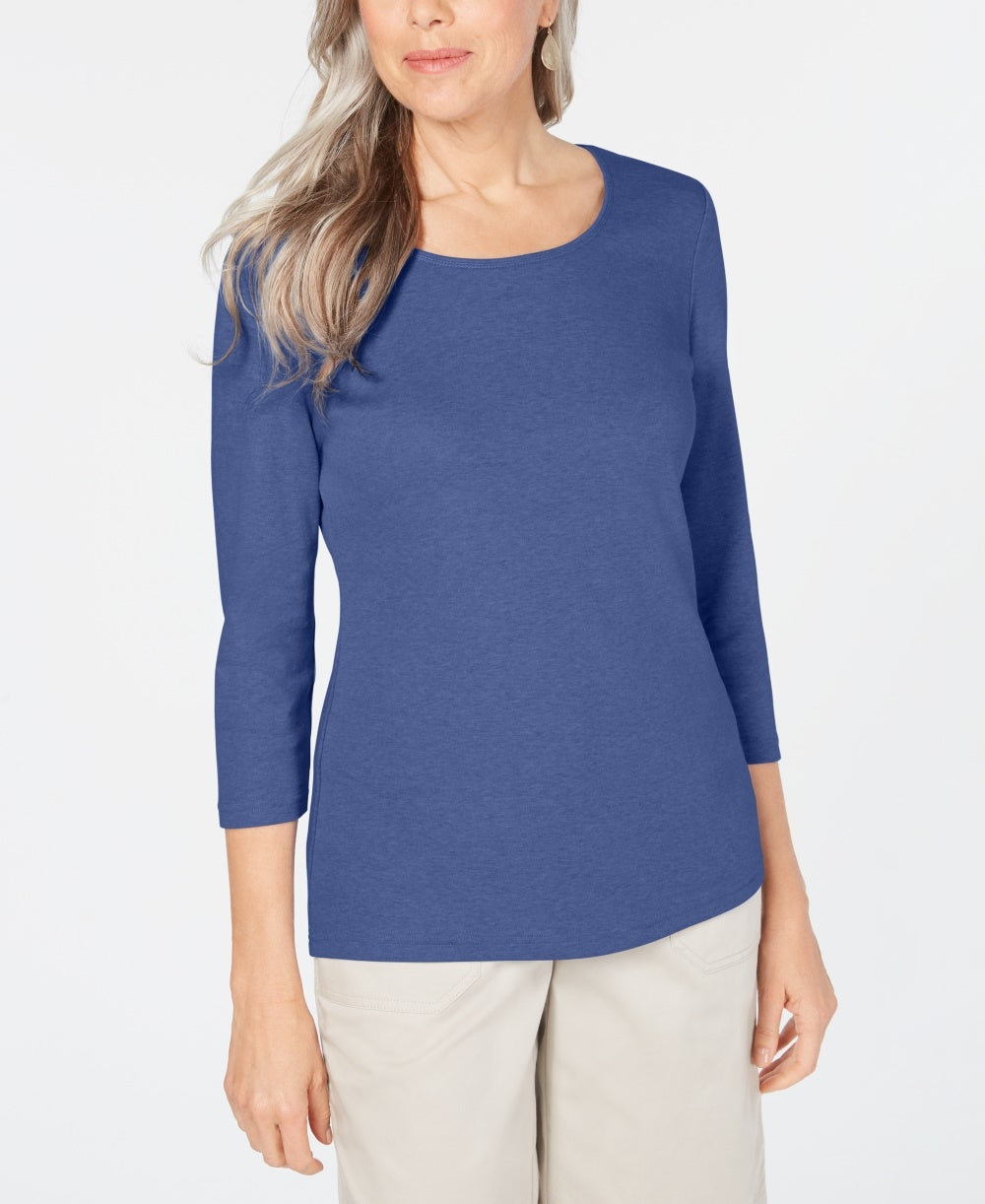 Karen Scott Women's Petite Cotton Scoop-Neck Top Blue Size Petite Large