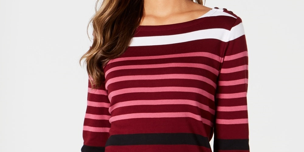 Charter Club Women's Pima Cotton Button Shoulder Stripe Top Red Size Medium