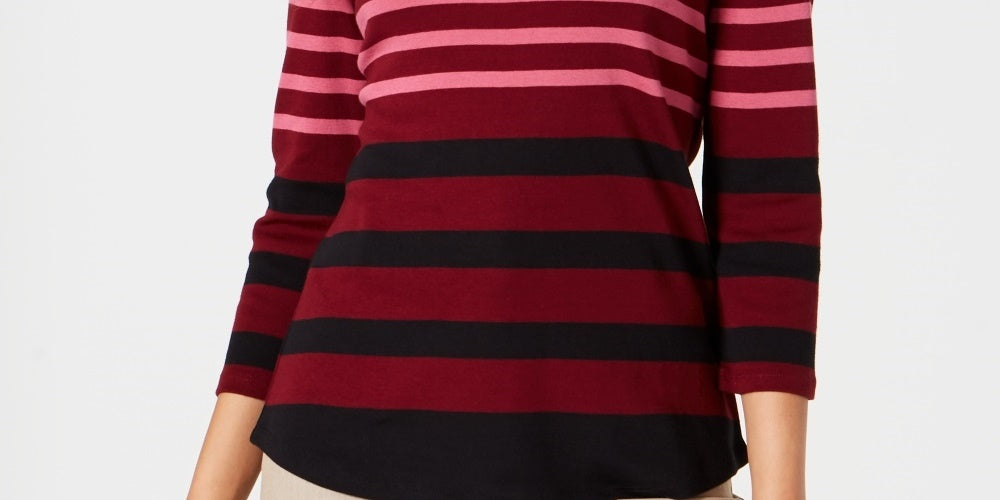 Charter Club Women's Pima Cotton Button Shoulder Stripe Top Red Size Medium