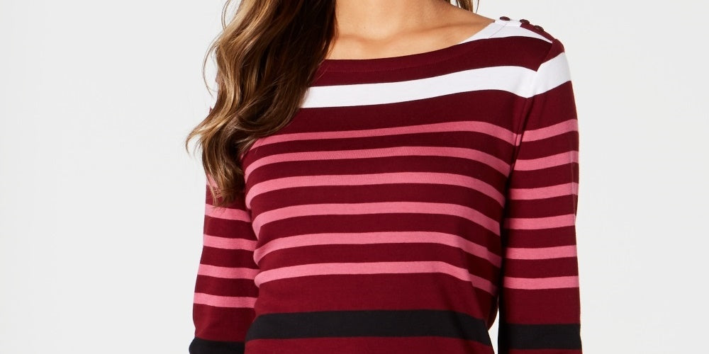 Charter Club Women's Pima Cotton Button Shoulder Stripe Top Red Size X-Large