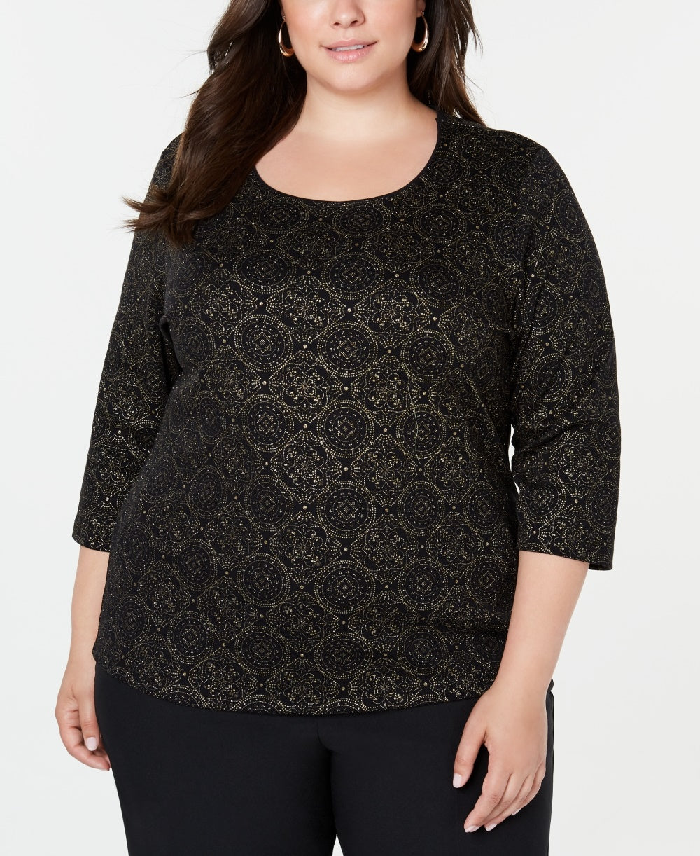 Karen Scott Women's Printed 3-4-Sleeve Top Black Size 0X