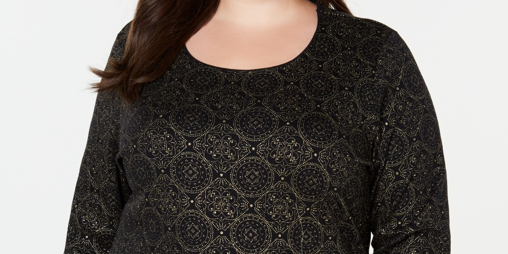 Karen Scott Women's Printed 3-4-Sleeve Top Black Size 0X