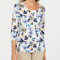 Karen Scott Women's Floral Print 3/4 Sleeve Top Navy Size Petite Small