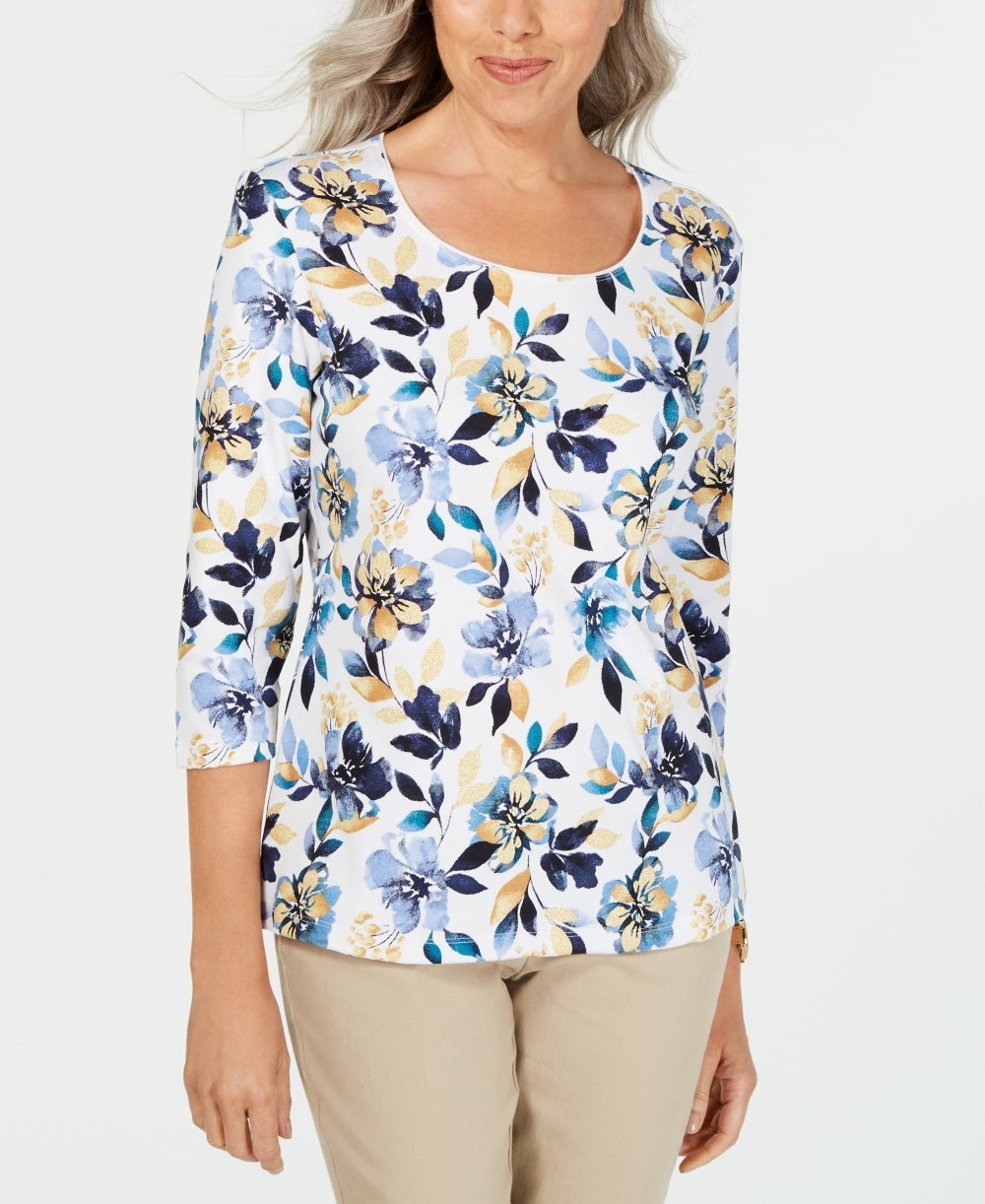 Karen Scott Women's Floral Print 3/4 Sleeve Top Navy Size Petite Small