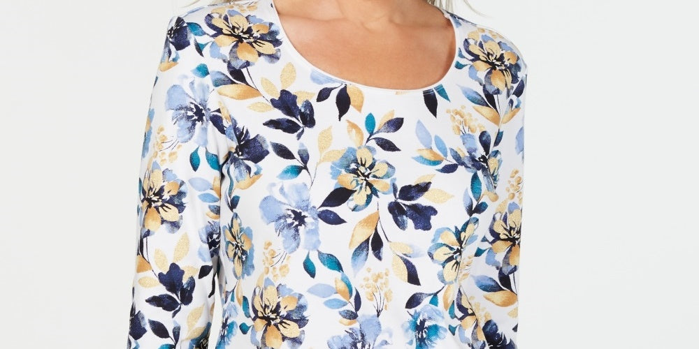 Karen Scott Women's Floral Print 3/4 Sleeve Top Navy Size Petite Small