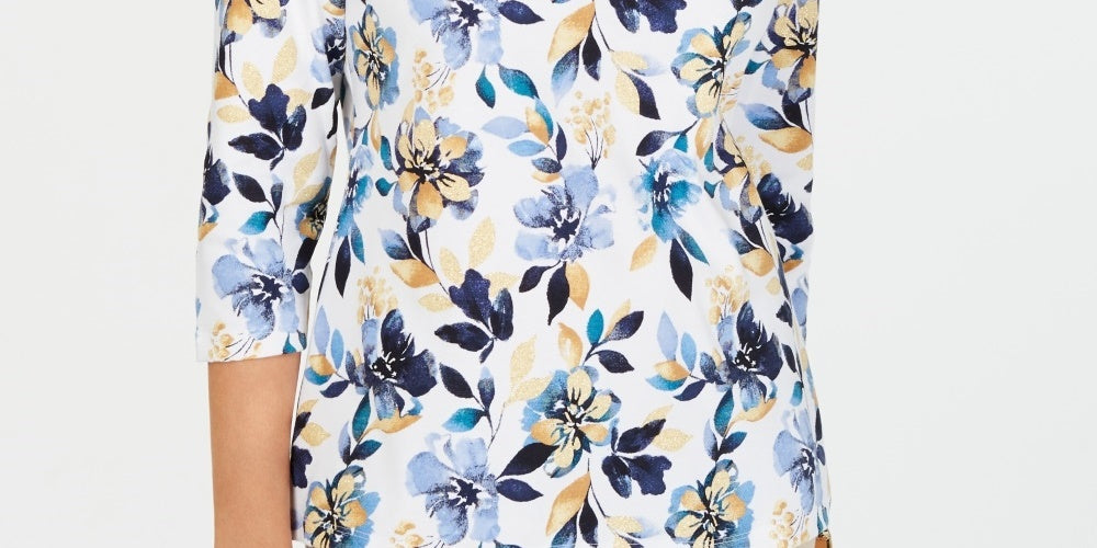Karen Scott Women's Floral Print 3/4 Sleeve Top Navy Size Petite Small
