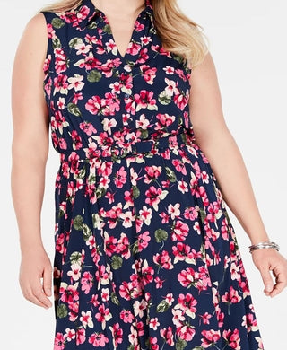 Charter Club Women's Belted Floral Print Dress Blue Size 20W