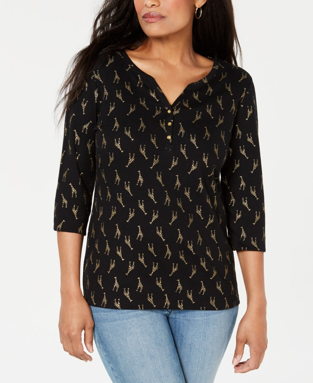 Karen Scott Women's Petite Giraffe-Print Henleyx-Small Black Size Petite