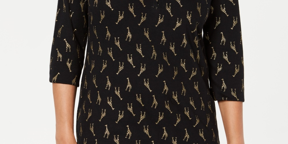 Karen Scott Women's Petite Giraffe-Print Henleyx-Small Black Size Petite