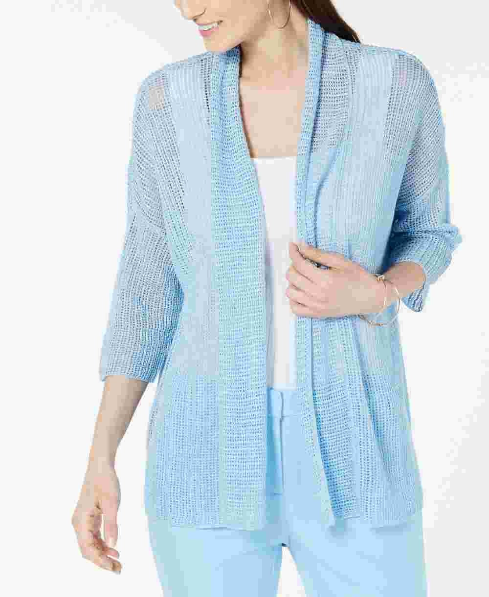 Alfani Women's Linen Blend Open Stitch Kimono Blue Size Small