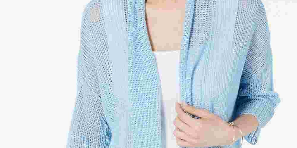 Alfani Women's Linen Blend Open Stitch Kimono Blue Size Small