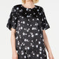 Alfani Women's Floral Print Satin Smocked Shoulder Top Black Size Large
