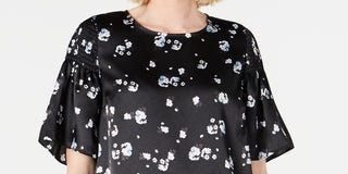 Alfani Women's Floral Print Satin Smocked Shoulder Top Black Size Large