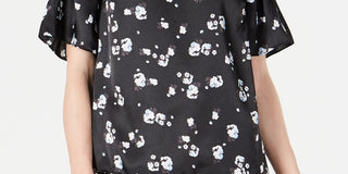 Alfani Women's Floral Print Satin Smocked Shoulder Top Black Size Large