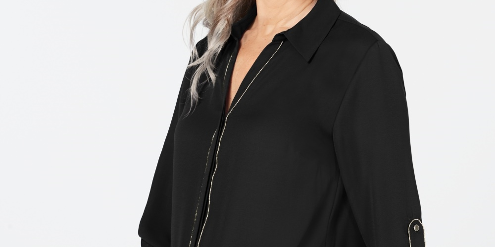JM Collection Women's Caviar-Trim Button-Up Top  Black Size Small