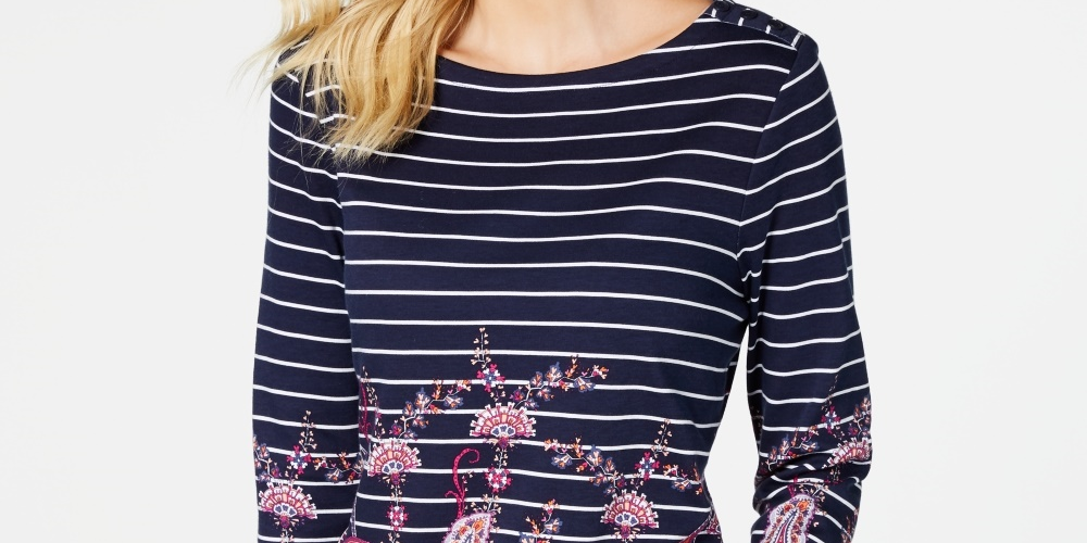 Charter Club Women's Striped Paisley Print Top  Blue Size Small