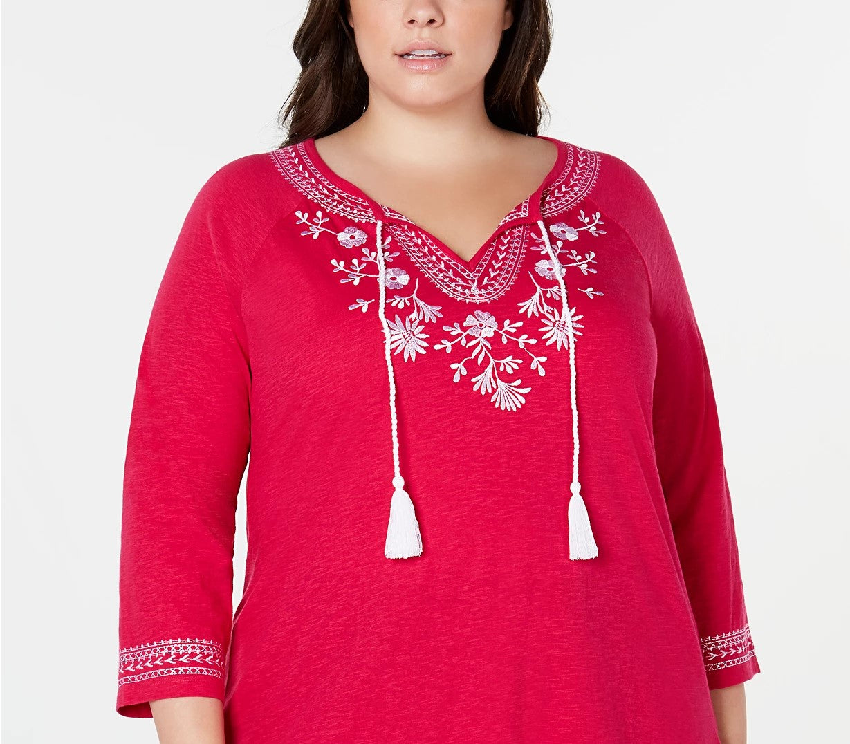 Charter Club Women's Plus Size Cotton Embroidered Peasant Top Dark Pink Size 2X