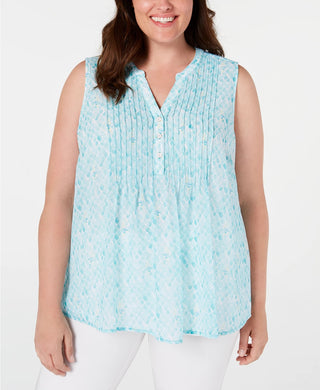 Charter Club Women's Plus Size Printed Pleated Top Blue Size 3X