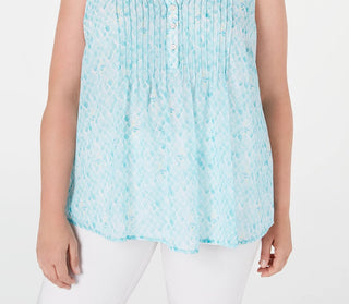 Charter Club Women's Plus Size Printed Pleated Top Blue Size 3X