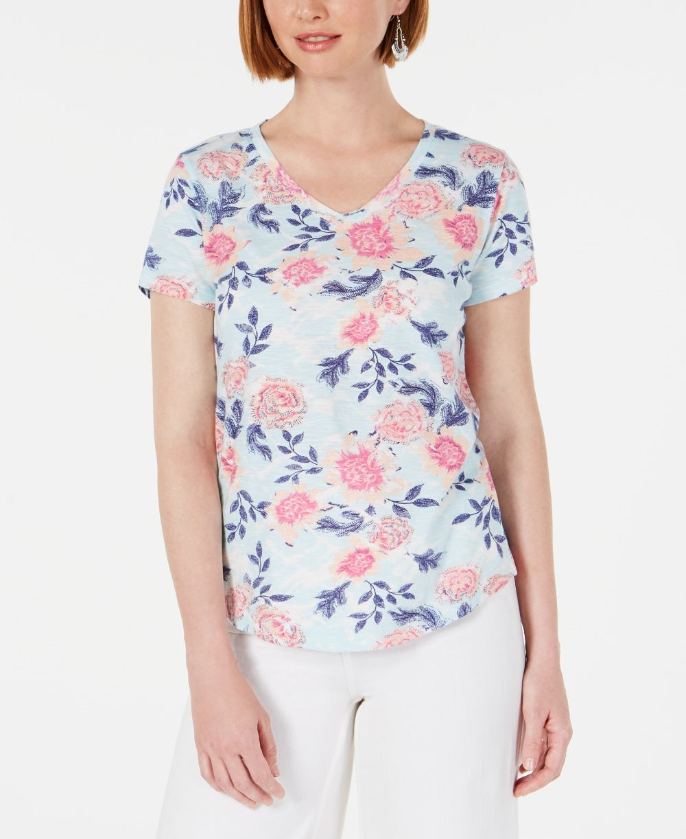 Style & Co Women's Printed V Neck T-Shirt White Size Petite Petite
