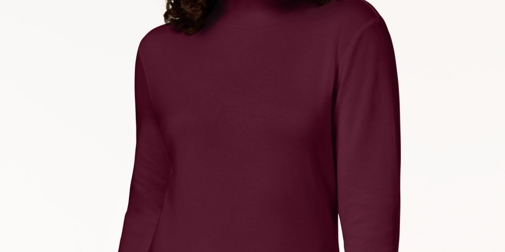 Karen Scott Women's Petite Long-Sleeve Mock-Neck Cotton Top Red Size X-Small