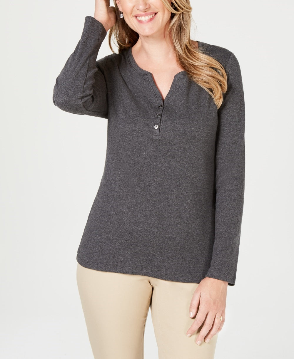 Karen Scott Women's Cotton Henley Neck Top  Charcoal Size Petite Large