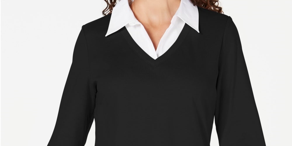 Karen Scott Women's Petite Layered-Look Cotton Top Black Size Petite