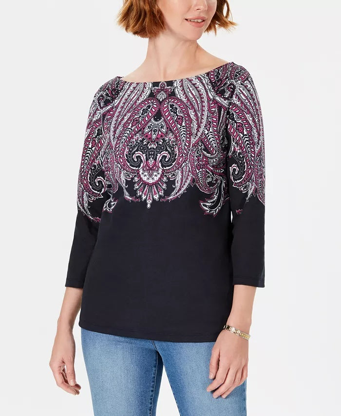 Karen Scott Women's Lile Paisley Boat-Neck Top  Black Size Large