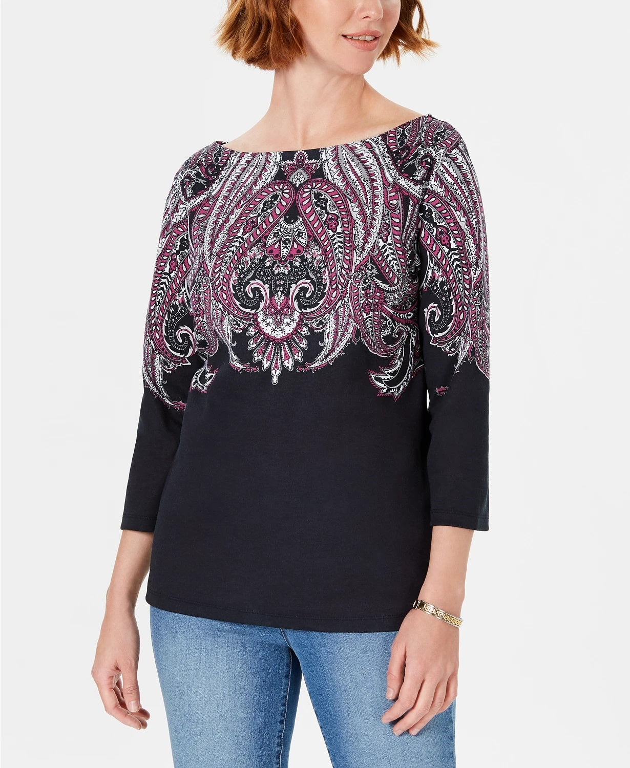 Karen Scott Women's Lile Paisley Boat Neck Top Black Size Medium